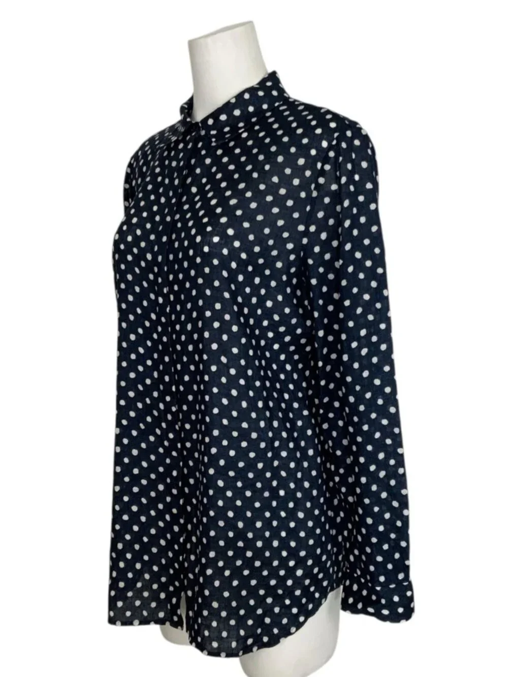 Lafayette 148 Linen Button Front Shirt L Blue Polka Dot - Picture 3 of 15